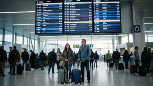 Voyageurs avec des bagages à main dans un aéroport européen, réunis devant un tableau d’information aux indications abstraites et à l’ambiance sobre.