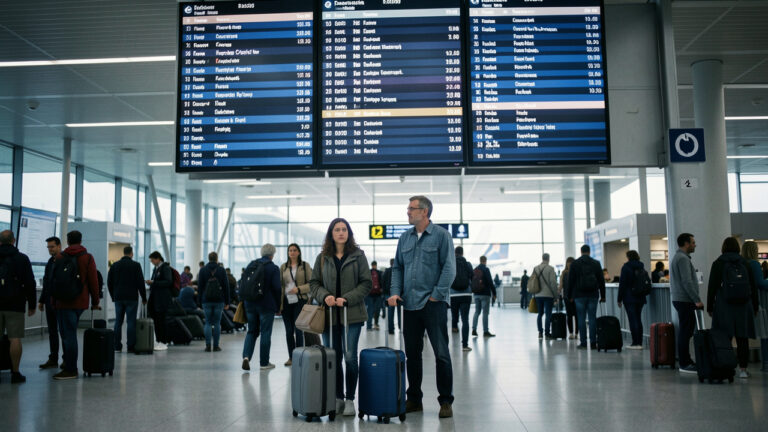 Voyageurs avec des bagages à main dans un aéroport européen, réunis devant un tableau d’information aux indications abstraites et à l’ambiance sobre.
