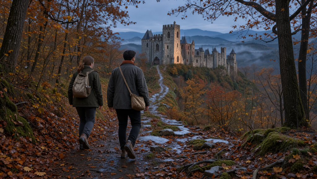 Ch&acirc;teau m&eacute;di&eacute;val en Transylvanie au cr&eacute;puscule d&rsquo;automne, envelopp&eacute; d&rsquo;une l&eacute;g&egrave;re brume dans les Carpates, tandis qu&rsquo;un homme et une femme arrivent par un sentier forestier.