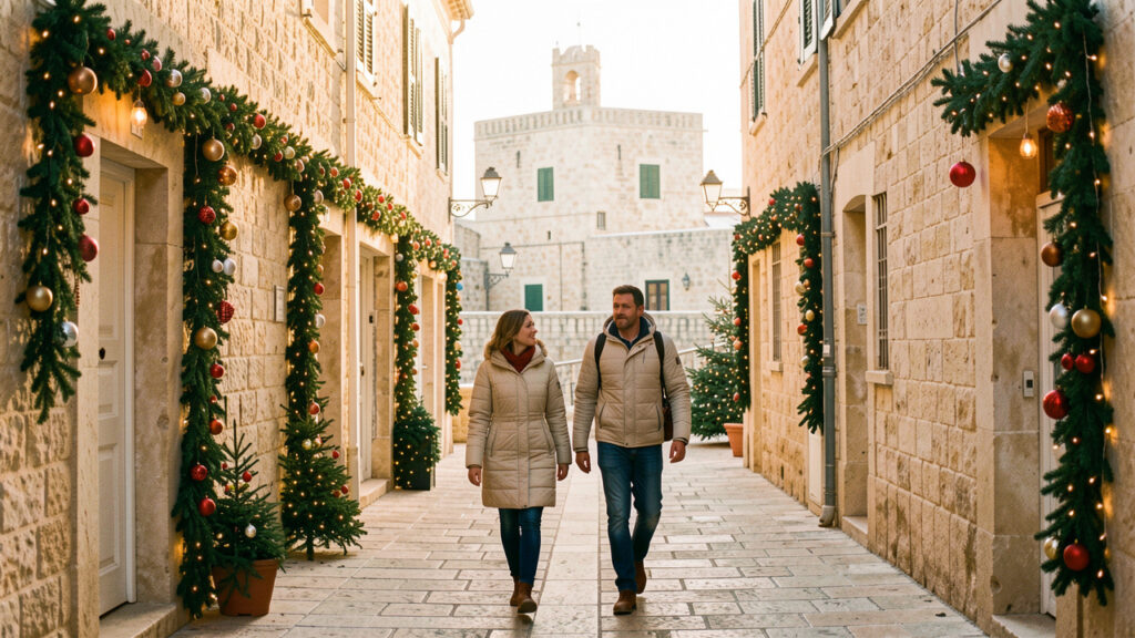 Vue hivernale de La Valette &agrave; Malte, avec des ruelles en pierre dor&eacute;e d&eacute;cor&eacute;es de verdure et de lumi&egrave;res chaleureuses, tandis qu&rsquo;une femme et un homme en vestes l&eacute;g&egrave;res se prom&egrave;nent sous la douce lumi&egrave;re de d&eacute;cembre.