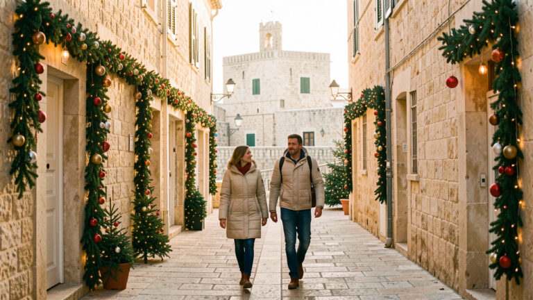 Vue hivernale de La Valette à Malte, avec des ruelles en pierre dorée décorées de verdure et de lumières chaleureuses, tandis qu’une femme et un homme en vestes légères se promènent sous la douce lumière de décembre.