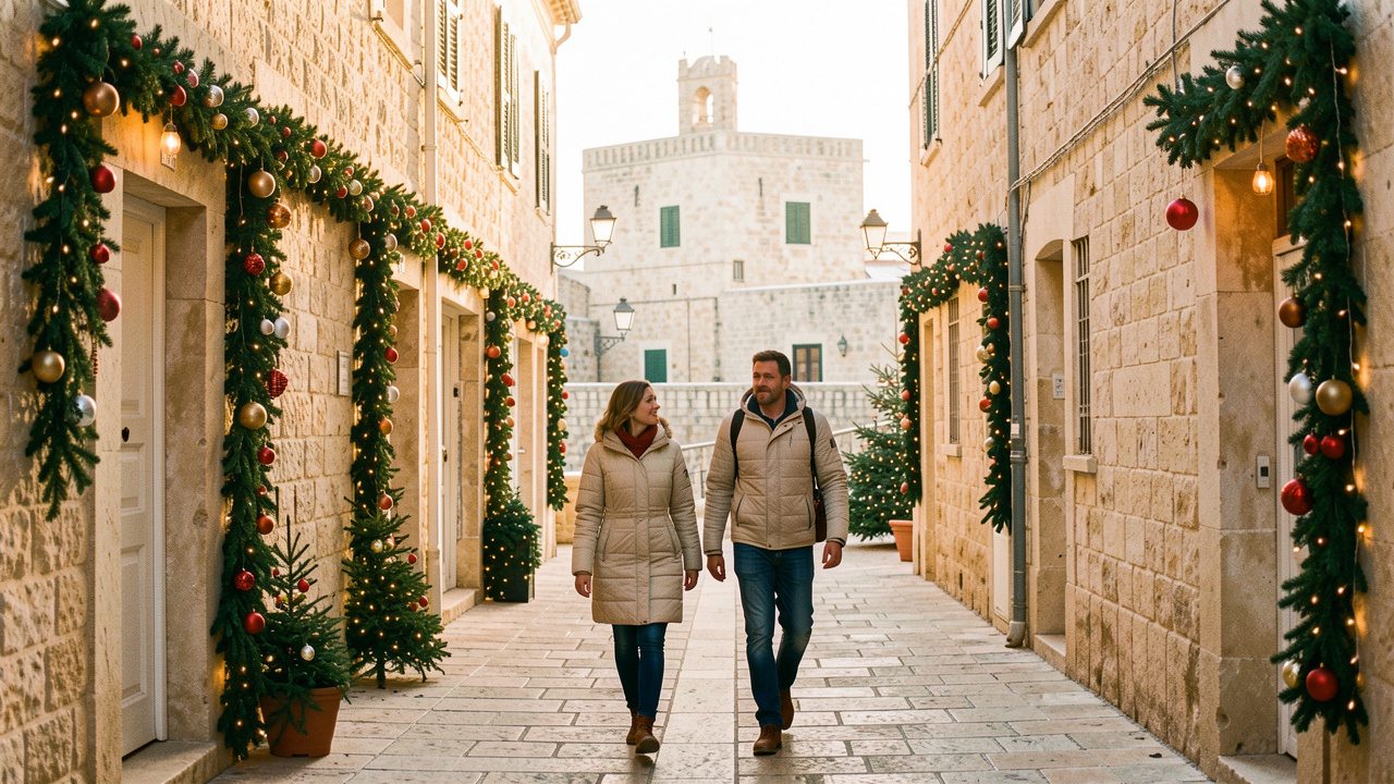 Vue hivernale de La Valette à Malte, avec des ruelles en pierre dorée décorées de verdure et de lumières chaleureuses, tandis qu’une femme et un homme en vestes légères se promènent sous la douce lumière de décembre.